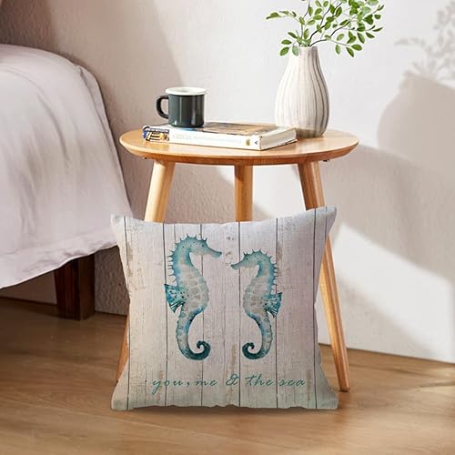 Miniatura 3 de Fundas de almohada con temática de océano de verano, diseño de estrellas de mar de grano de madera, hipocampo con citas, fundas de almohada