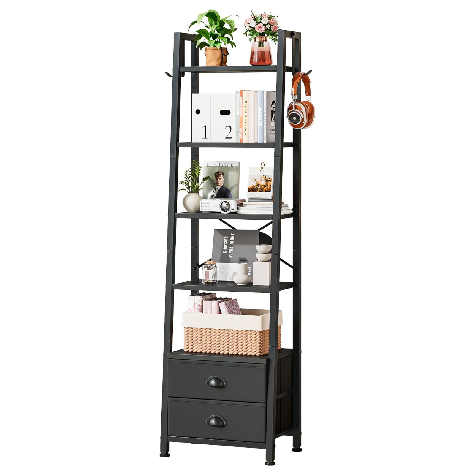 Ladder Bookshelf, 5 Tier Bookcase, Storage Unit with 2 Fabric Drawers for Living Room, Bedroom, Kitchen, Office, Industrial Style, Steel Frame (Black)