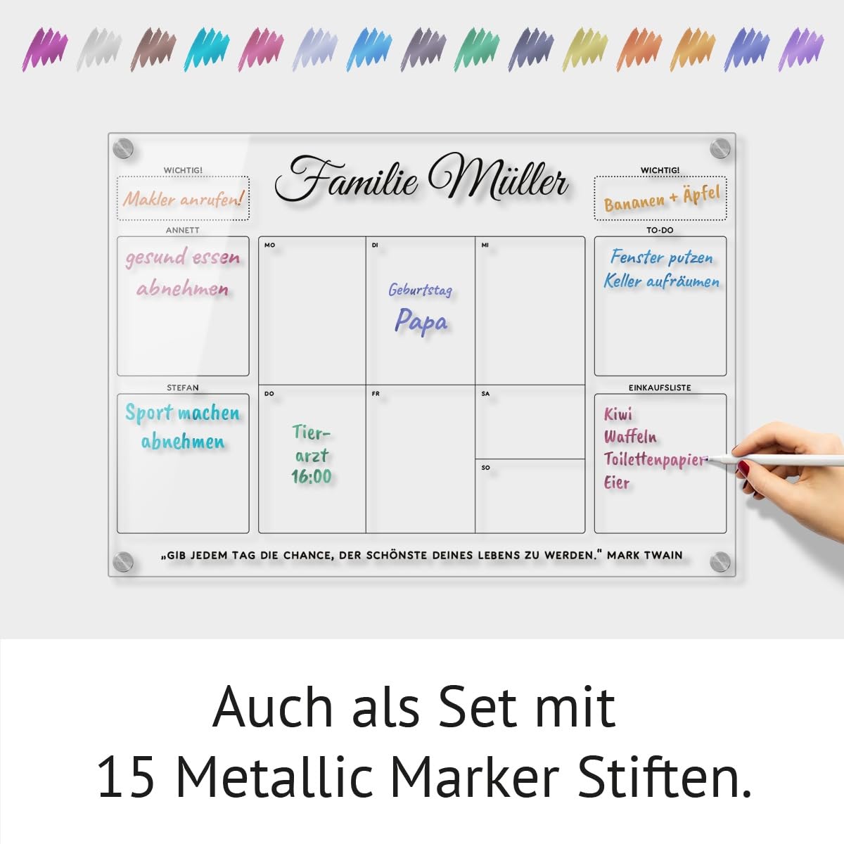 Personalisierter Acrylglas Wandkalender - Familien Wochenplaner abwischbar DIN A3, A2 oder A1 XXL wählbar inkl. Montagematerial und Edelstahl Abstandhalter, langlebig, klarer UV-Druck
