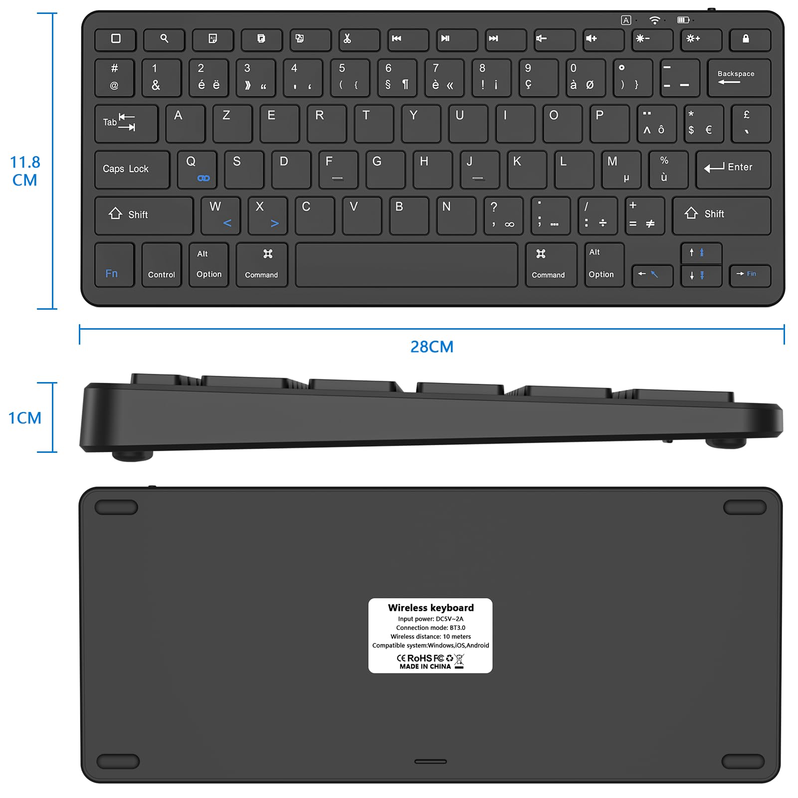 AMZCaSE Clavier Compatible Avec IPad 10.2'/9.7', IPad Pro 11'/12.9',Air/Mini/iPhone,Clavier Bluetooth Sans Fil Pour Windows,iOS,Android (Noir