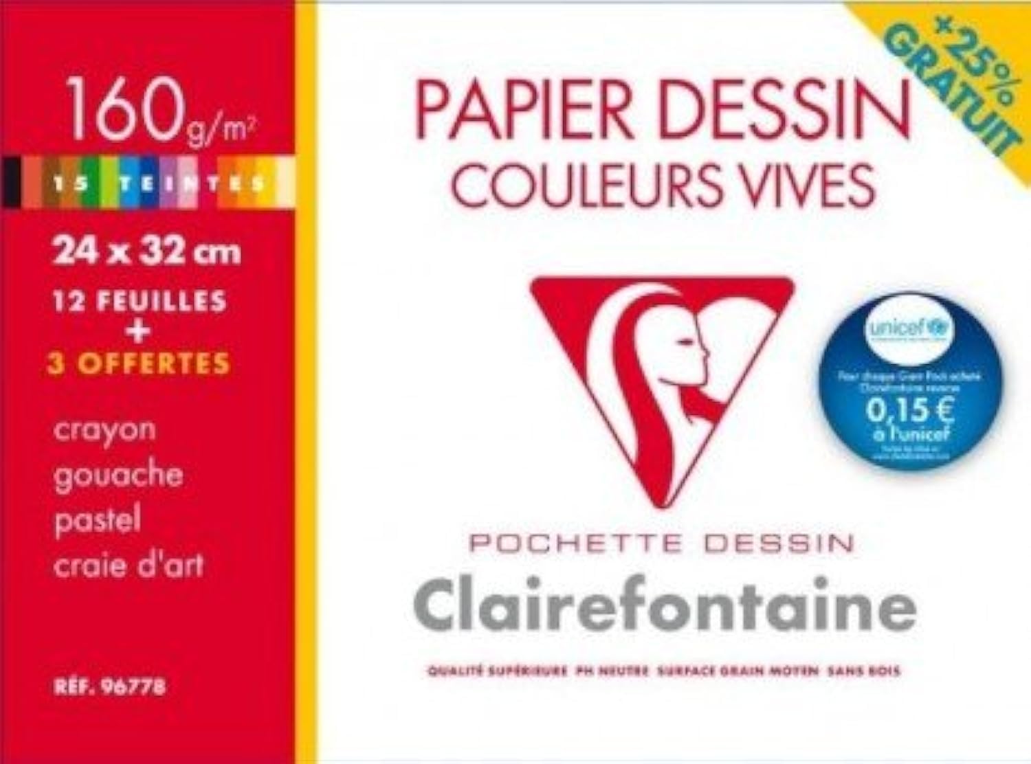 CLAIREFONTAINE Pochette dessin couleurs vives 24x32 12F + 3 offertes 160g