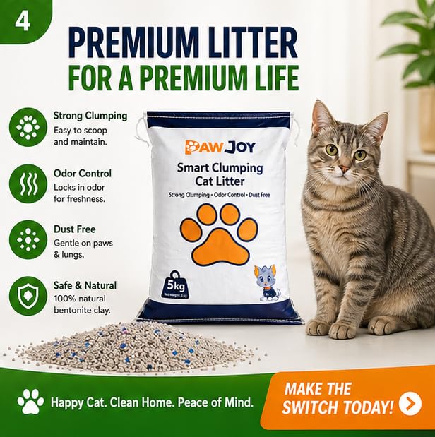Image of Pawjoy Lavender Scented Bentonite Cat Litter 5Kg Pack | 100% Natural Clumping Clay | 99.9% Dust-Free | Odour Lock Technology | Gentle on Paws | Scoopable Litter Sand for All Cat Breeds