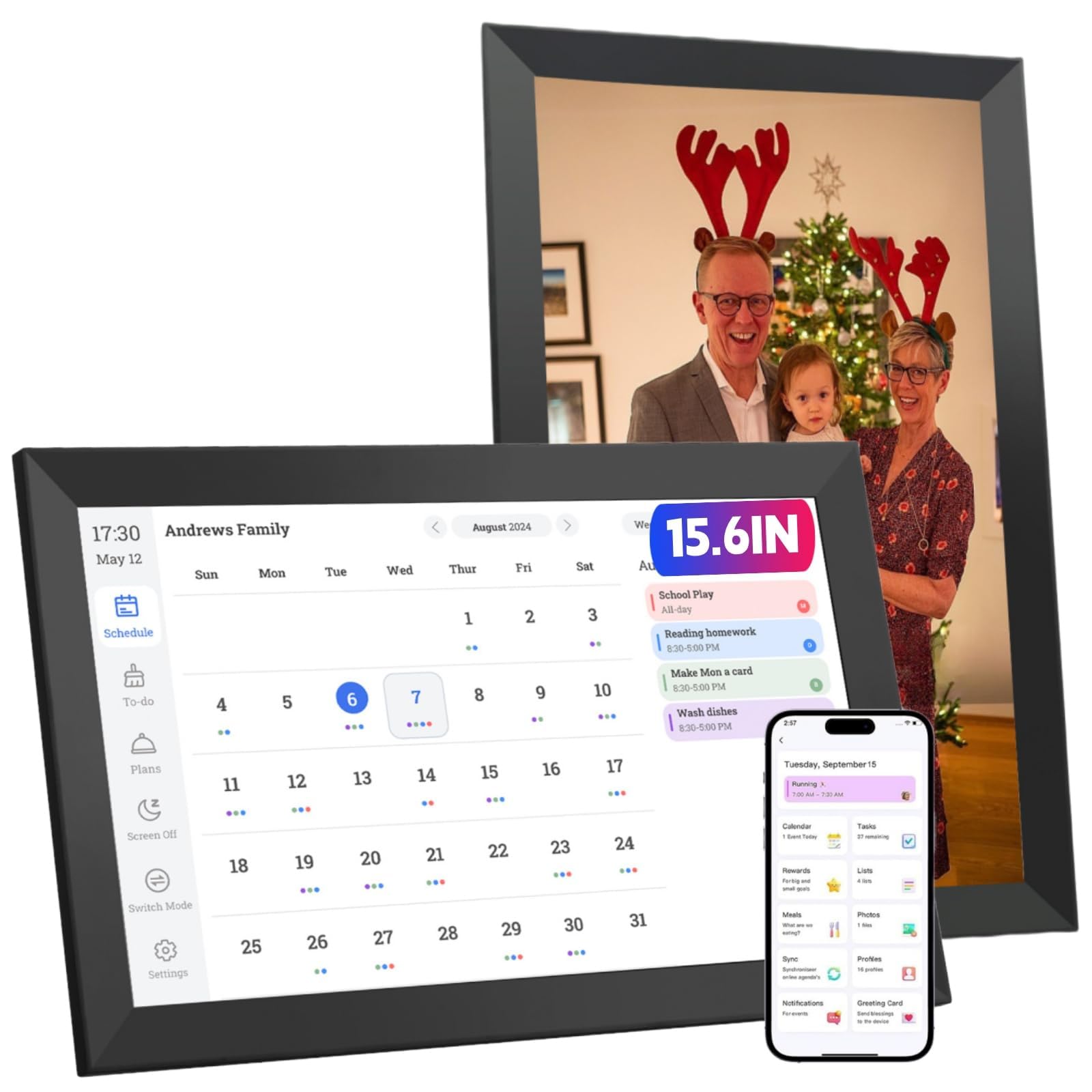 Marco Digital de 15,6'' WiFi, 32GB Full HD Calendario Digital de Pared y Lista de Tareas, Pantalla Táctil, Planificador Familiar, Admite Recordatorios de Programación y Modo de Suspensión