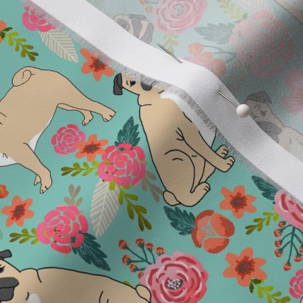 Spoonflower Fabric - Pug Pet Dog Pugs Flowers Florals Cute Mint Dogs Printed on Organic Cotton Sateen Fabric by the Yard - Sewing Quilting Apparel Home Decor