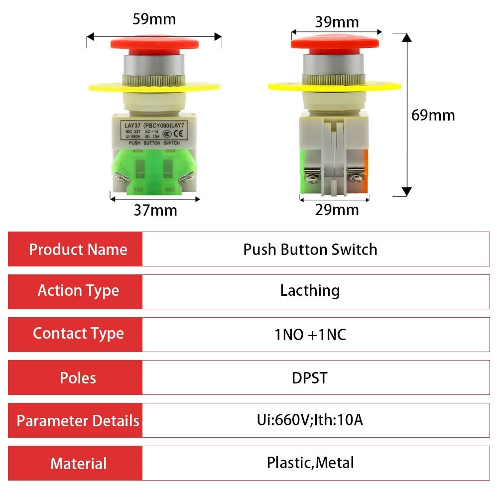 Interruptor pulsador de parada de emergencia con tapa de hongo roja, 1NO, 1NC, DPST, CA 660 V, 10 A, con enclavamiento y autobloqueo, 1/5/10 unidades(20pcs)