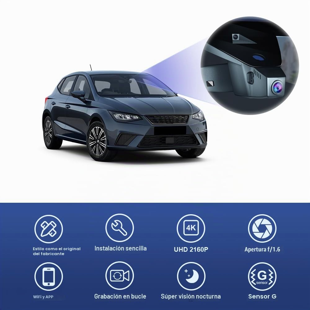 Fitcamx Dashcam 4K Adecuado para Seat Ibiza 2016-2025 (HD2-6113), OEM Cámara de Coche, 2160P UHD Video WiFi, Sensor G, Grabación en Bucle, WDR Camara para el Coche, Plug & Play, Tarjeta de 64 GB