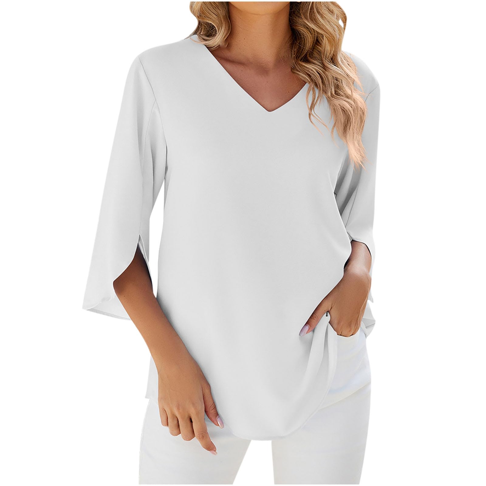 TRIGLICOLEUM Blusa de gasa para mujer, monocolor, cuello de pico, elegante, para verano, media manga, jersey para adolescentes, niñas, camiseta holgada, túnica, camiseta ligera