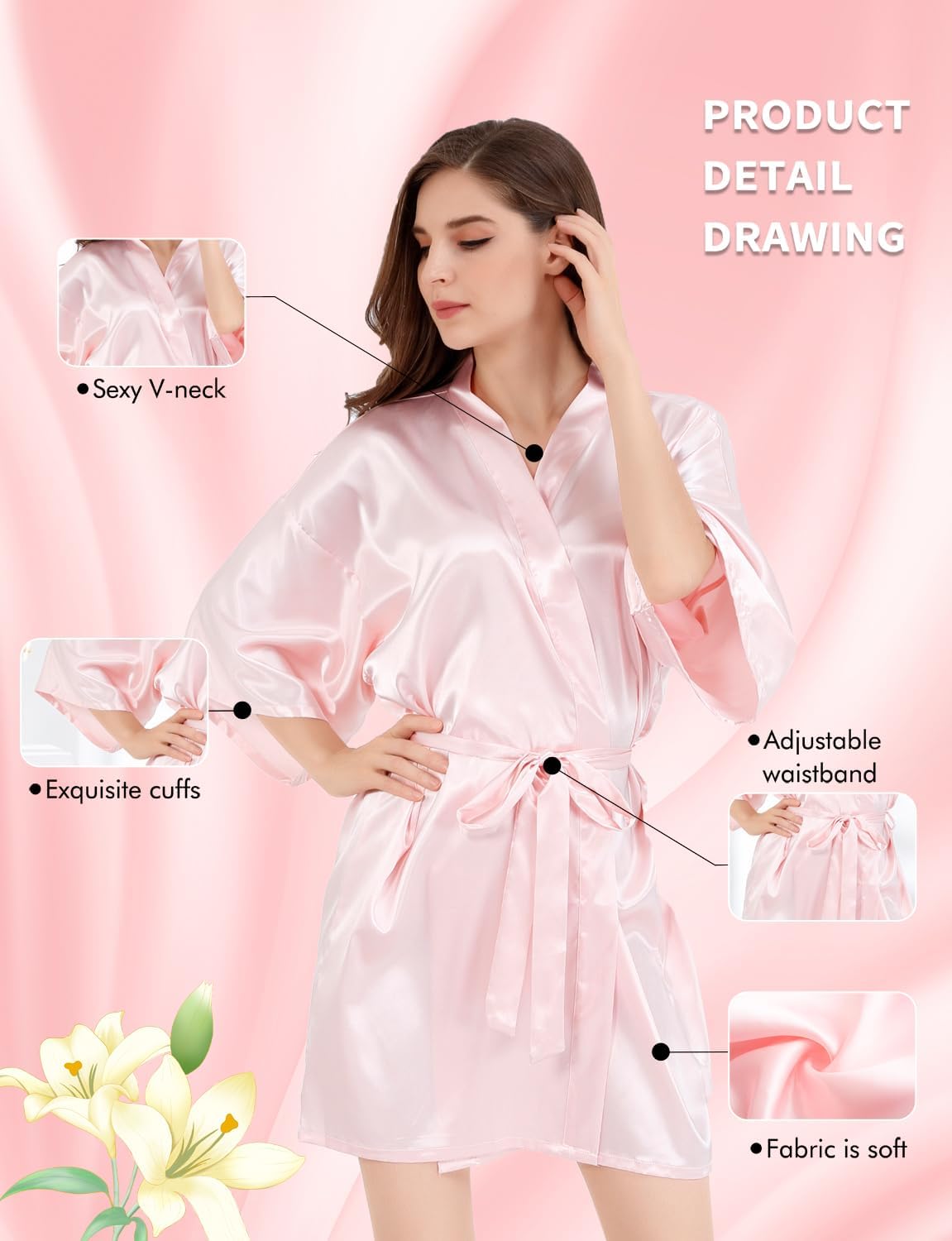 SEALINF Womens Bridal Robe Bride Bridesmaids Short Kimono Dressing Gown Robe for Wedding Parties Getting Ready (Pure-Pink, Tag S/M) - Image 3