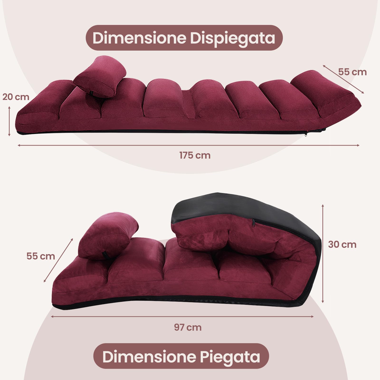 COSTWAY Sedia Pieghevole da Pavimento Portatile, Divano Imbottito, Regolabile in 5 Posizioni, Supporto per la Schiena, Ideale per Rilassarsi Leggere (Rosso)