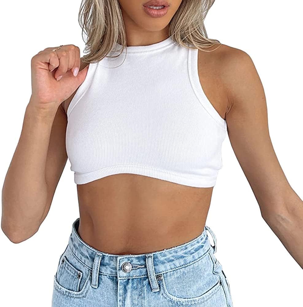 YEXIPOWomen's Sleeveless Crewneck Crop Tops Sexy Ribbed Knitted Workout Racerback Cropped Tank Tops