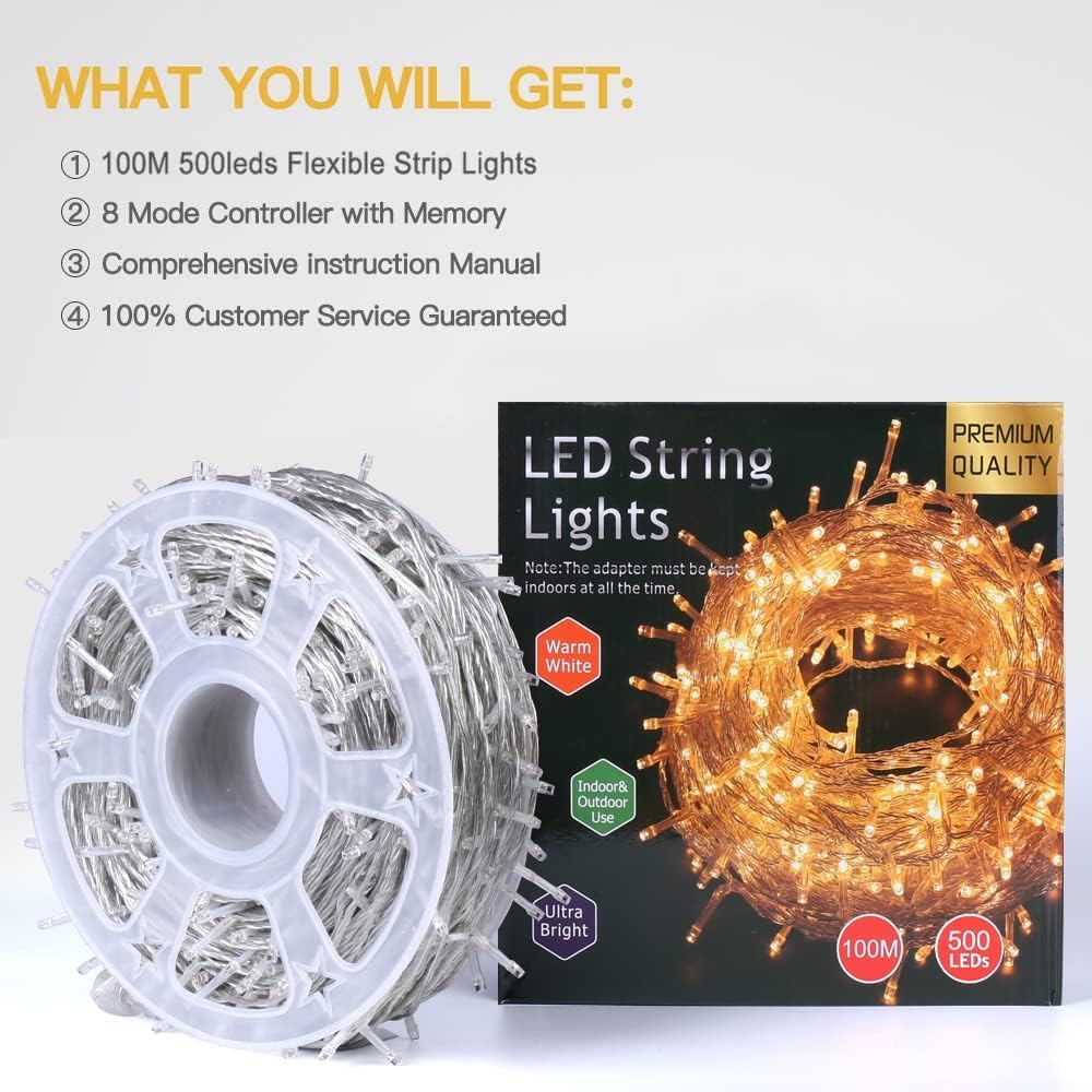 Avoalre Luci Natale 500LED 100M, Catena Luminosa 8 Modalità Impermeabile IP44 LED Luci LED Decorative per Interno/Esterno Albero di Natale Festa Nozze Compleanno Natale, Bianco Caldo