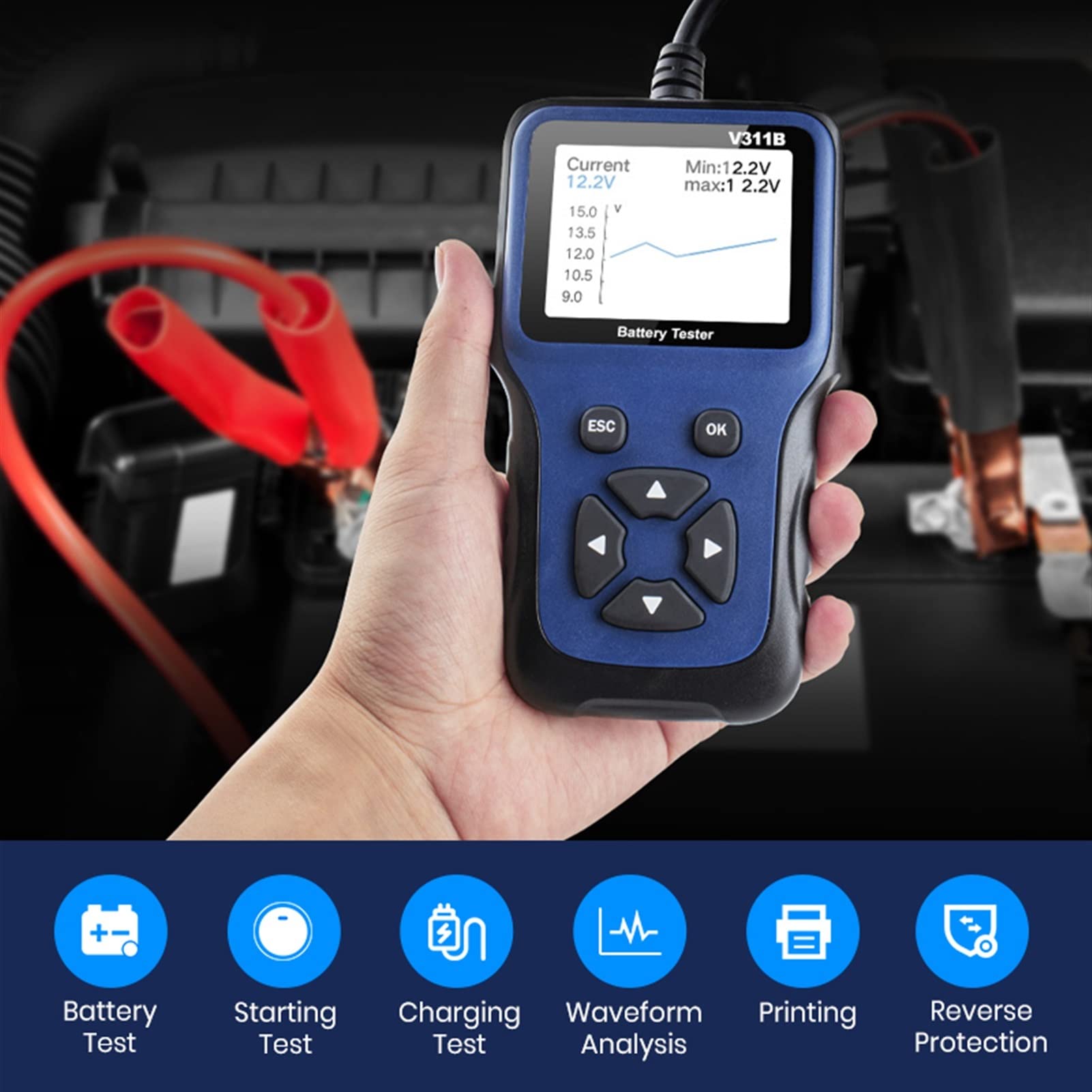 Tester batteria V311B 12V. Analizzatore di caricabatterie for batterie for auto 200 0cca. Tester di caricamento del circo di ricarica a motore di caricamento del caricatore 12 Volts Tool Test Battery