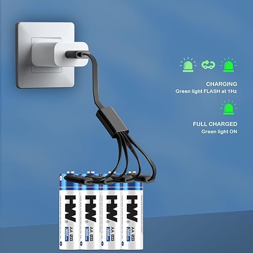 Miniatura 8 de HW Baterías AA recargables por USB, paquete de 4 baterías AA de litio de 3600 mWh, alta capacidad de larga duración, salida constante de 1.5 V,