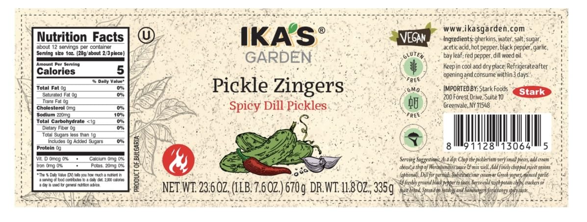 Ika's Garden Pickle Zingers Spicy Dill Pickles, 23.6 Ounces (Pack of 6)