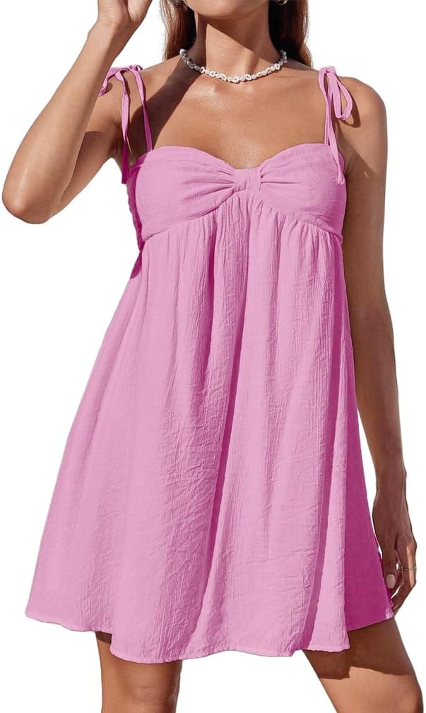 Women Sexy Tie Shoulder Cami Dress Casual Loose Sleeveless Backless Spaghetti Strap Ruched Layered Flowy Dress