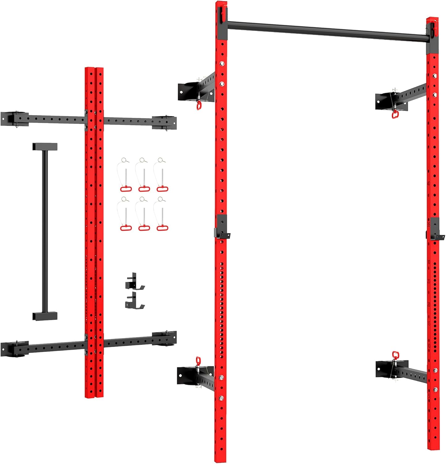 Red Folding Squat Rack with Pull Up Bar, Wall Mounted Power Rack for Home Gym, 1000 lbs Capacity, Space Saving Strength Training Cage, Red