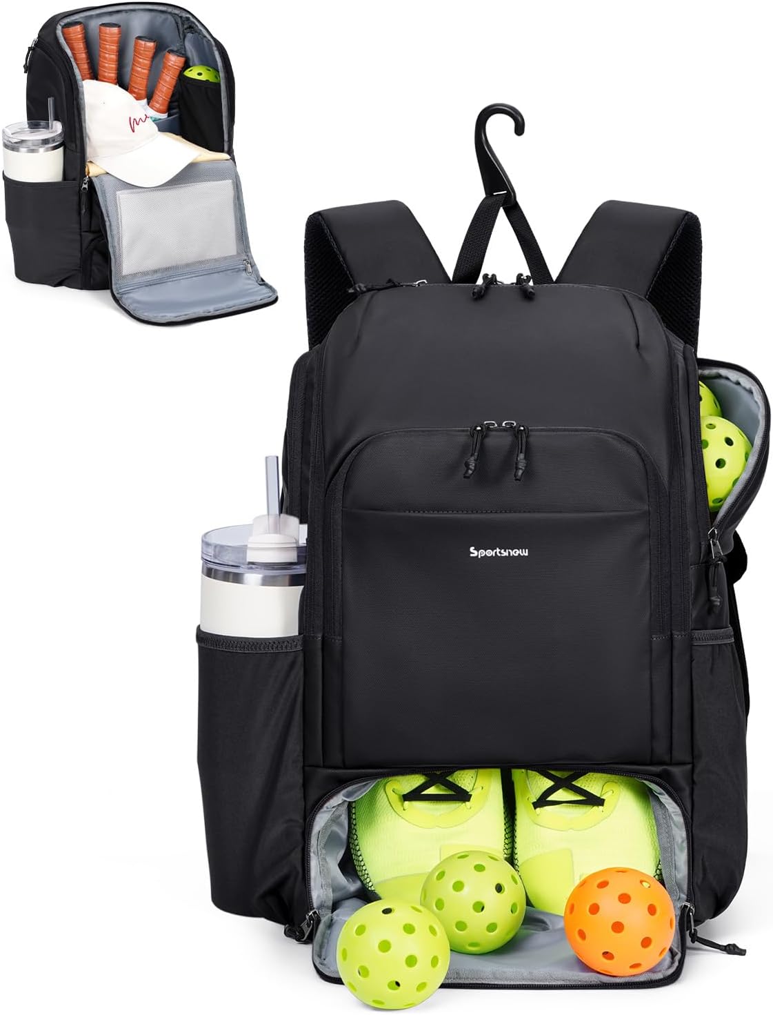 sportsnew Bundle: Black Insulated Water Bottle Holder (32oz/40oz, Strap, Phone Pocket). For Pickleball, Hiking & Travel + Black Pickleball Backpack (Waterproof, Shoe Compartment, Fence Hook)