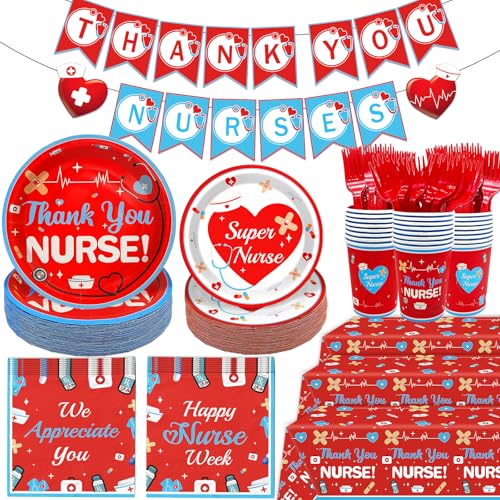Yavxzvbw 122Pcs We Appreciate You Decorations Nurse Week Decorations Nurses Week Plates and Napkins with Thank You Nurses Banner for Nurse Party Decorations Nurses Week Party Supplies