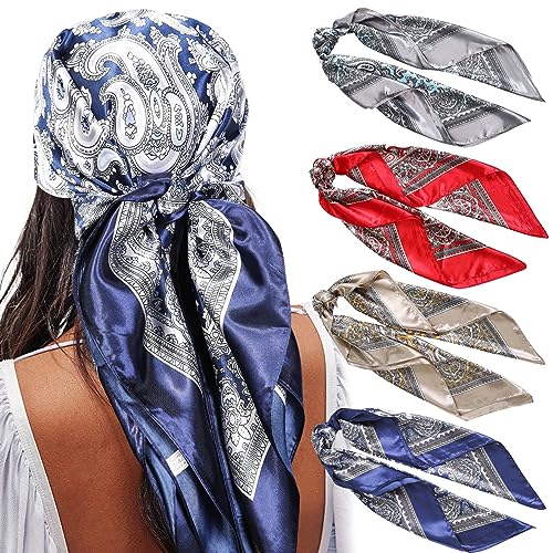 AWAYTR 35in Satin Large Square Head Scarves - 4PCS Silk Like Neck Scarf Hair Sleeping Wraps Lightweight Satin Silk Scarfs for Women, Cashew Patterns, 35 inches x 35 inches/ 90 cm x 90 cm