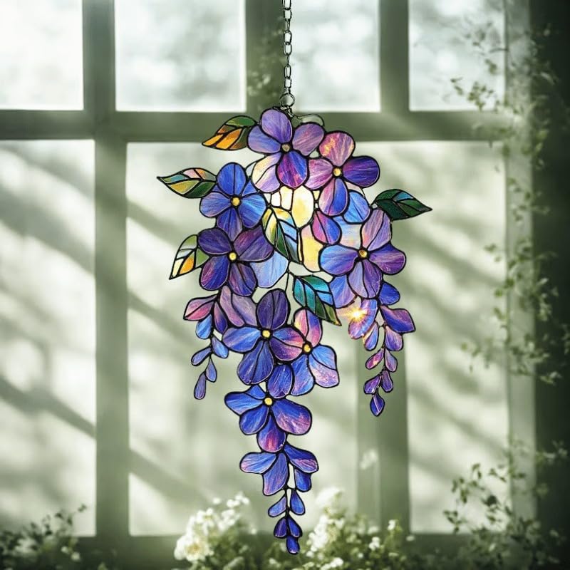 [2 Pack] Holographic Wisteria Acrylic Suncatcher, 5.91" x 5.91" Floral Window Decor with Rainbow Effect, Spring Garden Hanging Ornament for Mom & Home Decoration - 3