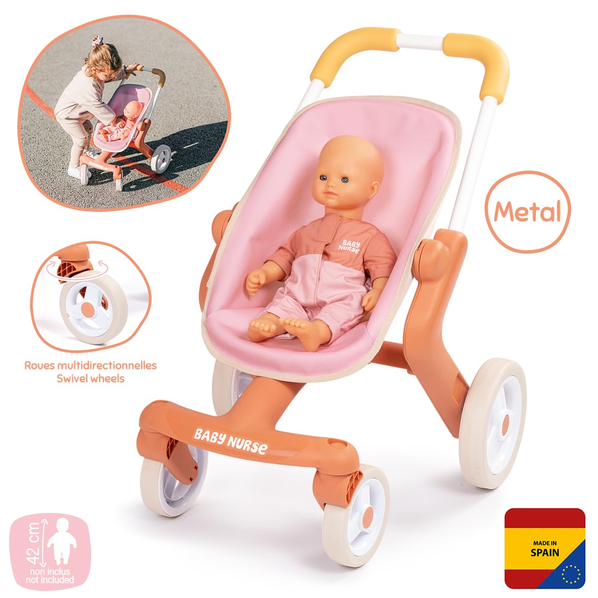 Smoby - Baby Nurse - Poussette Pop - pour Poupons Jusqu'à 42 cms - Poignée Ergnonomique - Roues Multidirectionnelles - A Partir de 18 Mois - Fabrication Espagnole