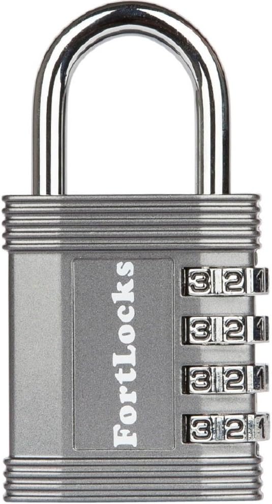 FortLocks Padlock - 4 Digit Combination Lock for Gym Outdoor & School Locker, Fence, Case & Shed – Heavy Duty Resettable Set Your Own Combo – Waterproof & Weatherproof (1 Pack - Silver)