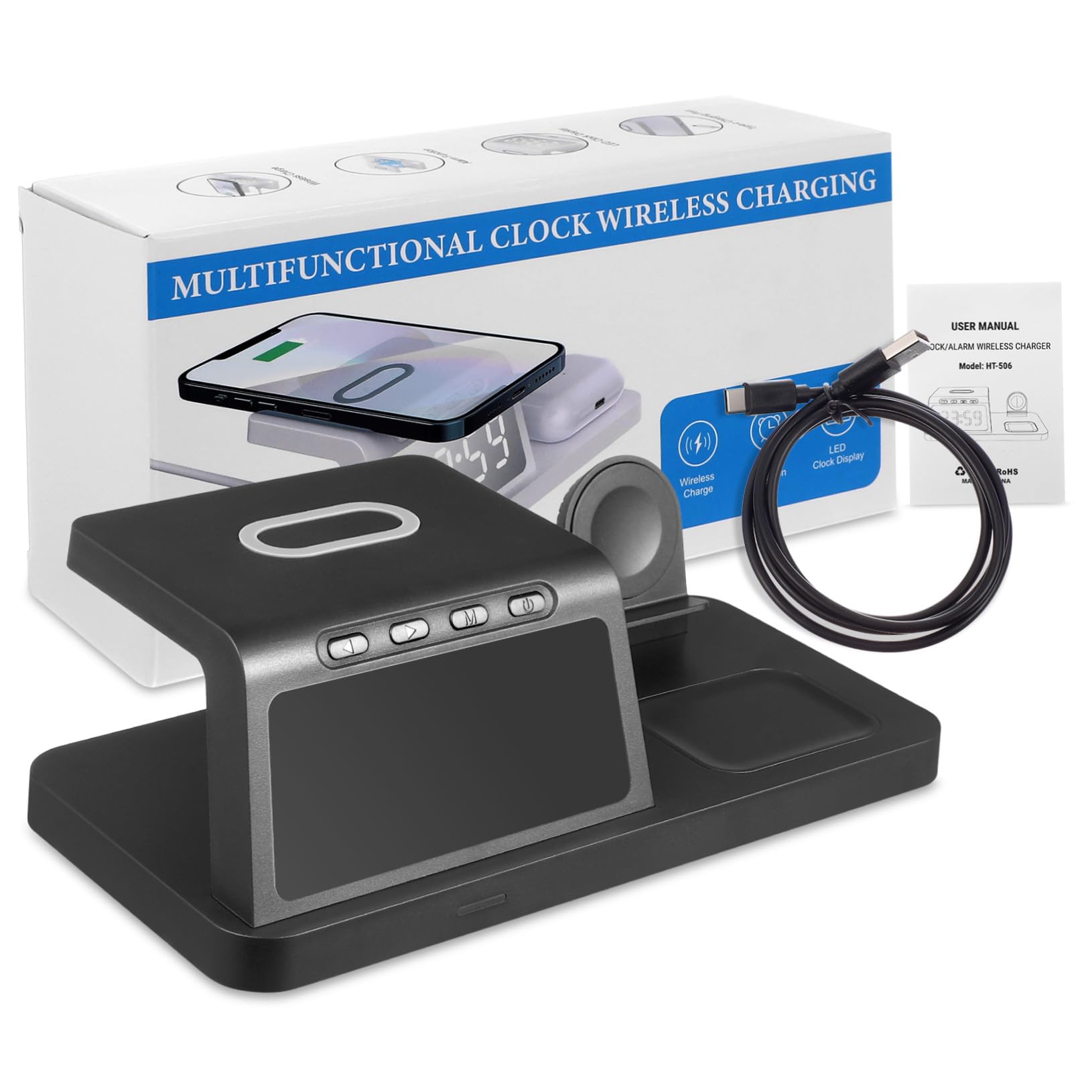 BESPORTBLE Station de Charge sans Fil Compatible avec Apple Watch Plupart des Téléphones et Écouteurs avec Horloge Numérique Intégrée
