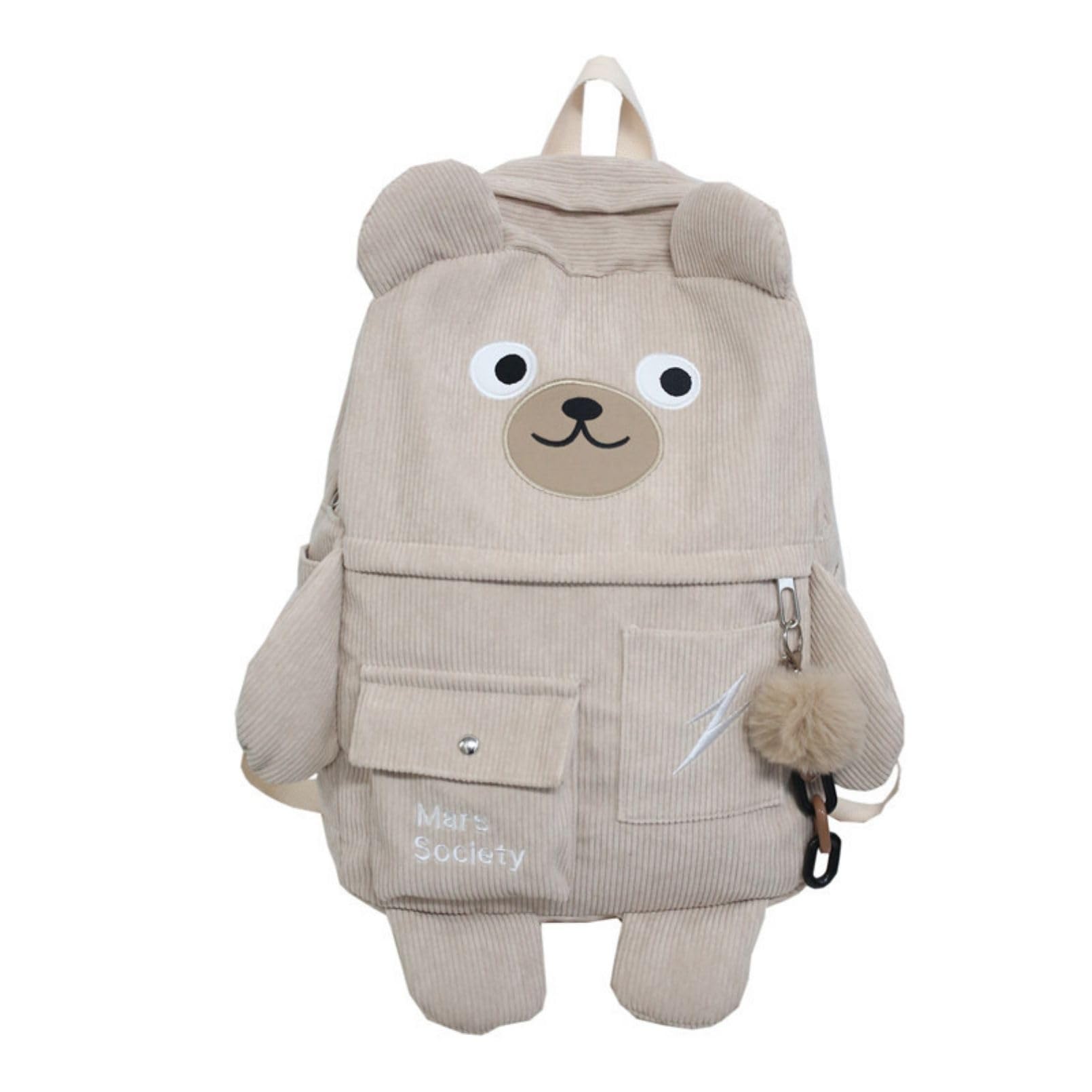 Handuo Women's Beige Corduroy Bear Backpacks For ,Multi-Pockets School Bags Large Capacity Backpack Teenage Girls School Bag (Beige)