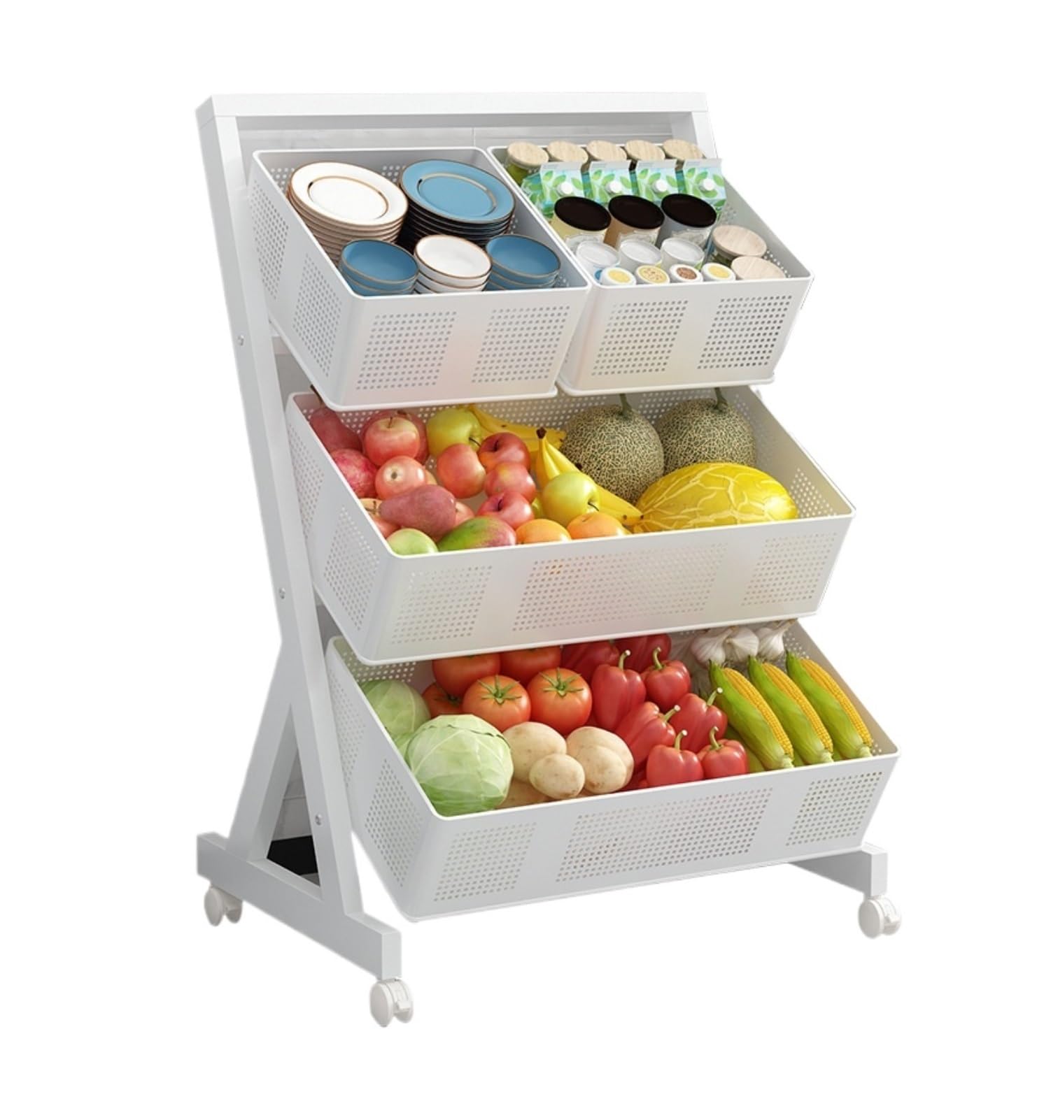 Wózek Kuchenny Stojak na Kółkach 3-poziomowe Kosze Do Przechowywania Owoców Z Kółkami, Metalowy Wózek Organizer Kuchni Wytrzymały Jadalni(White)