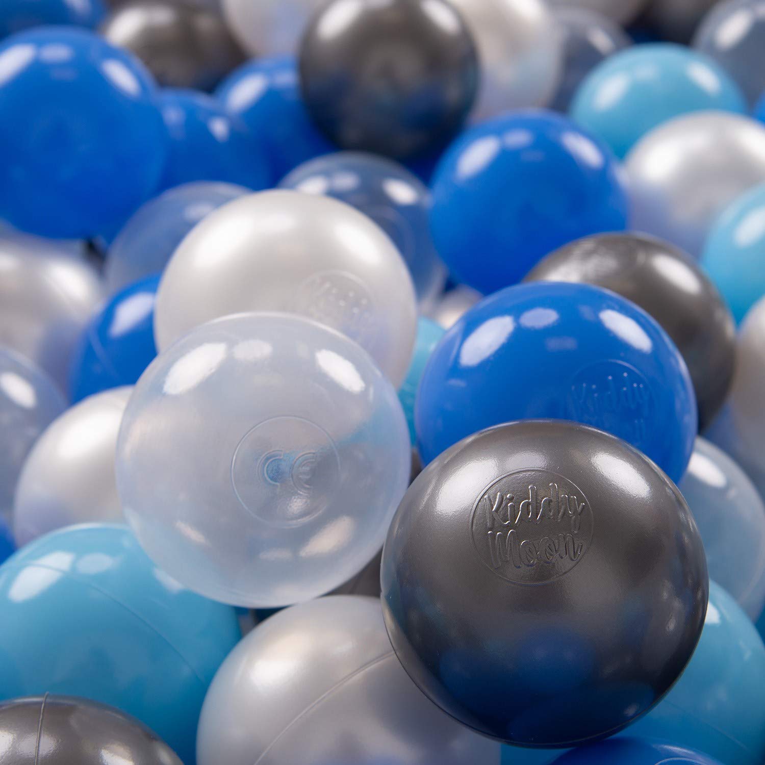 KiddyMoon Soft Plastic Play Balls 200 Balls/7Cm-2.75In Multi-Colour Made In EU, Pearl/Blue/Baby Blue/Transparent/Silver — image 1