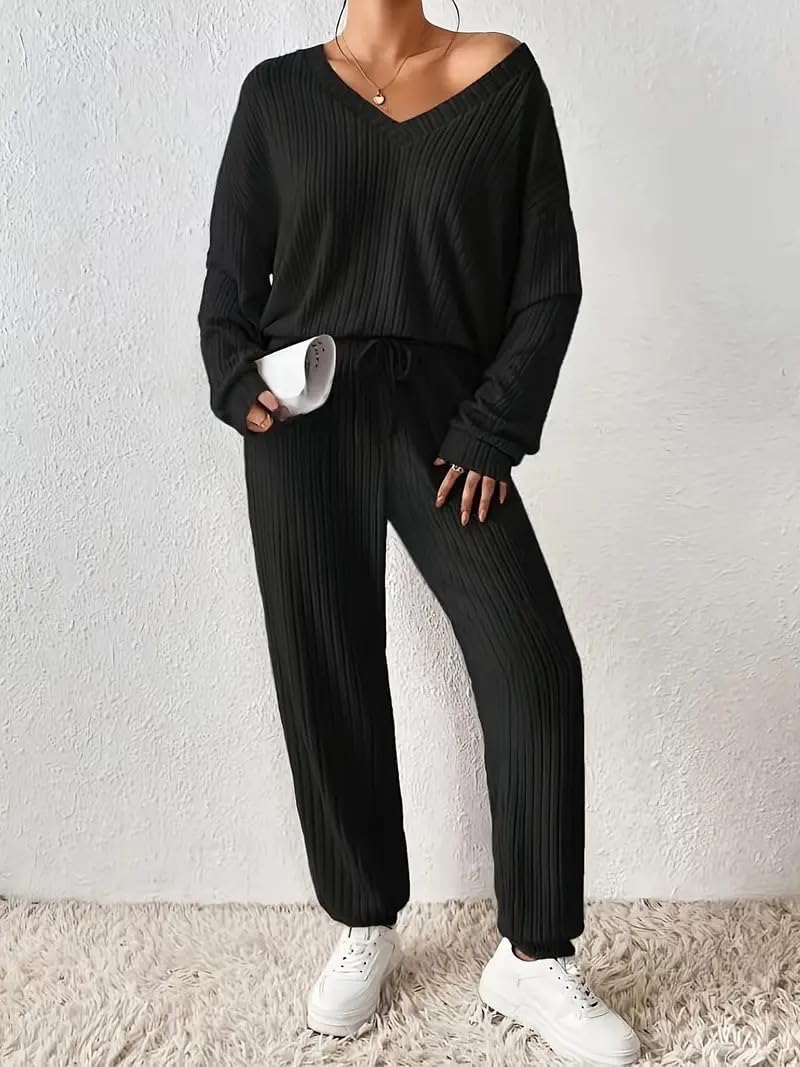 Tuta Donna 2 Pezzi In Maglia Costine - Top Maniche Lunghe E Pantaloni Larghi Vita Alta