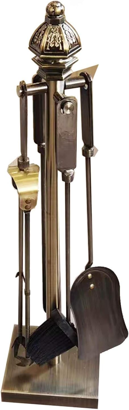 Antique Brass Fireplace Tools Sets, Heavy Duty 5 Pieces Metal Fire Place Fire Pit Fireside Wood Stove Hearth Stand with Tongs Shovel Brush Chimney Poker