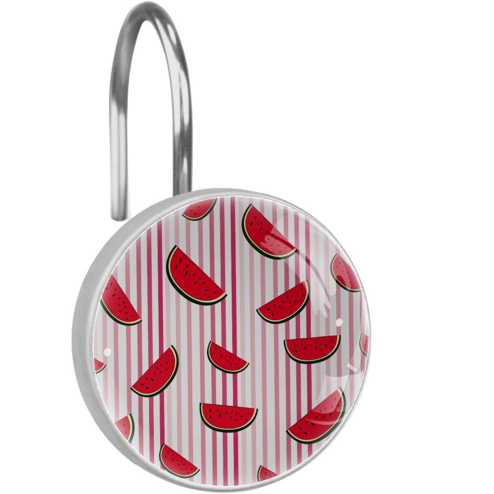 Crochets de rideau de douche en inox : lot de 12 anneaux résistants motif pastèque rayée rose