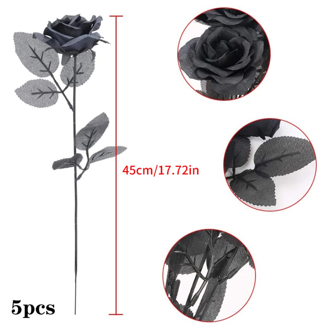 5 Rose Nere Artificiali In Seta Con Stelo Lungo 38 Cm - Bouquet Gotico Per Decorazioni Halloween E Matrimoni - 3