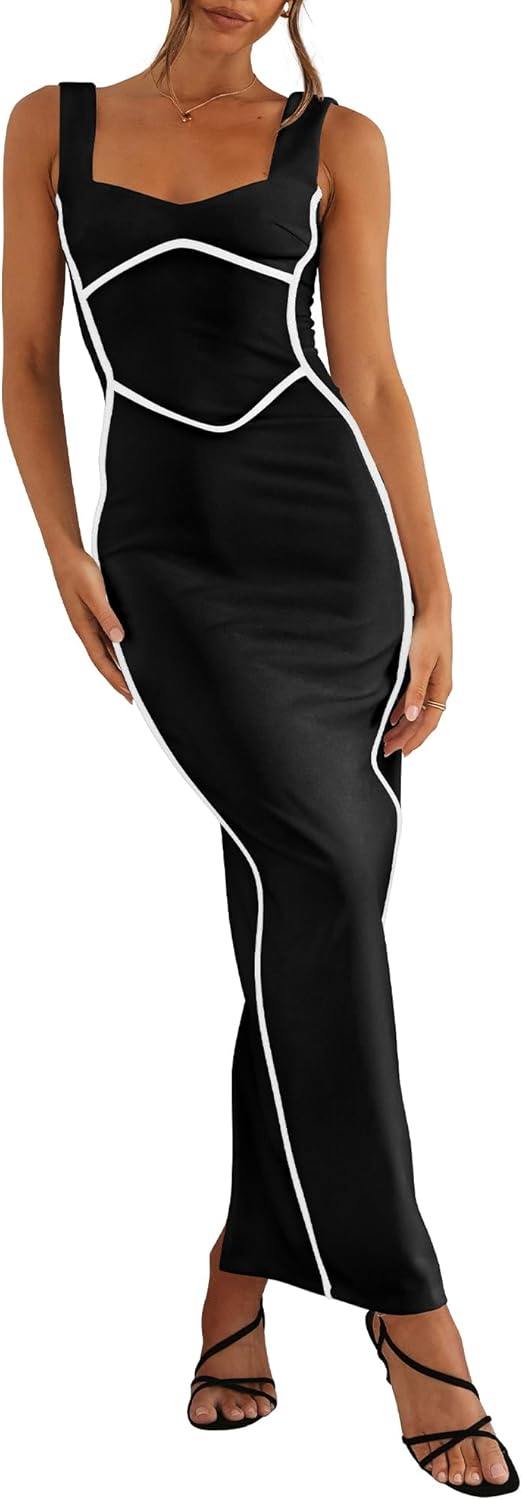 BTFBM Women Bodycon Maxi Dress Square Neck Sleeveless Contrast Binding Slit Cocktail Formal Wedding Guest Dresses 2025