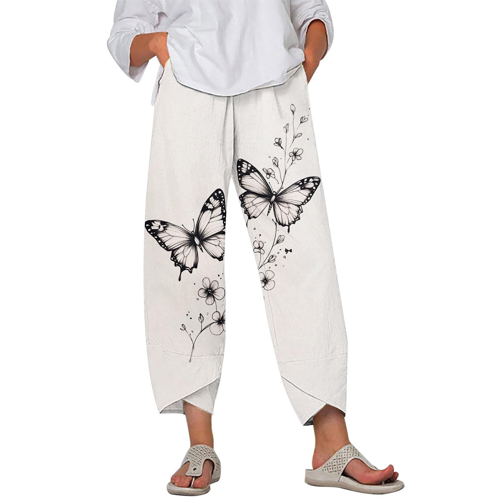 HOTYD Womens Cotton Linen Capri Pants Drawstring Elastic Waist Loose Fit Yoga Pants Baggy Cropped Trousers with Pockets