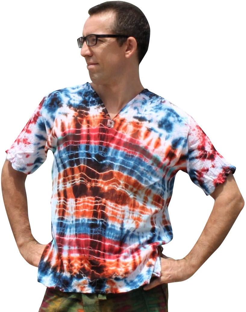 Full Funk Cotton Short Tie Dye Sleeve V Collar with Sun Brand in Blue Orange