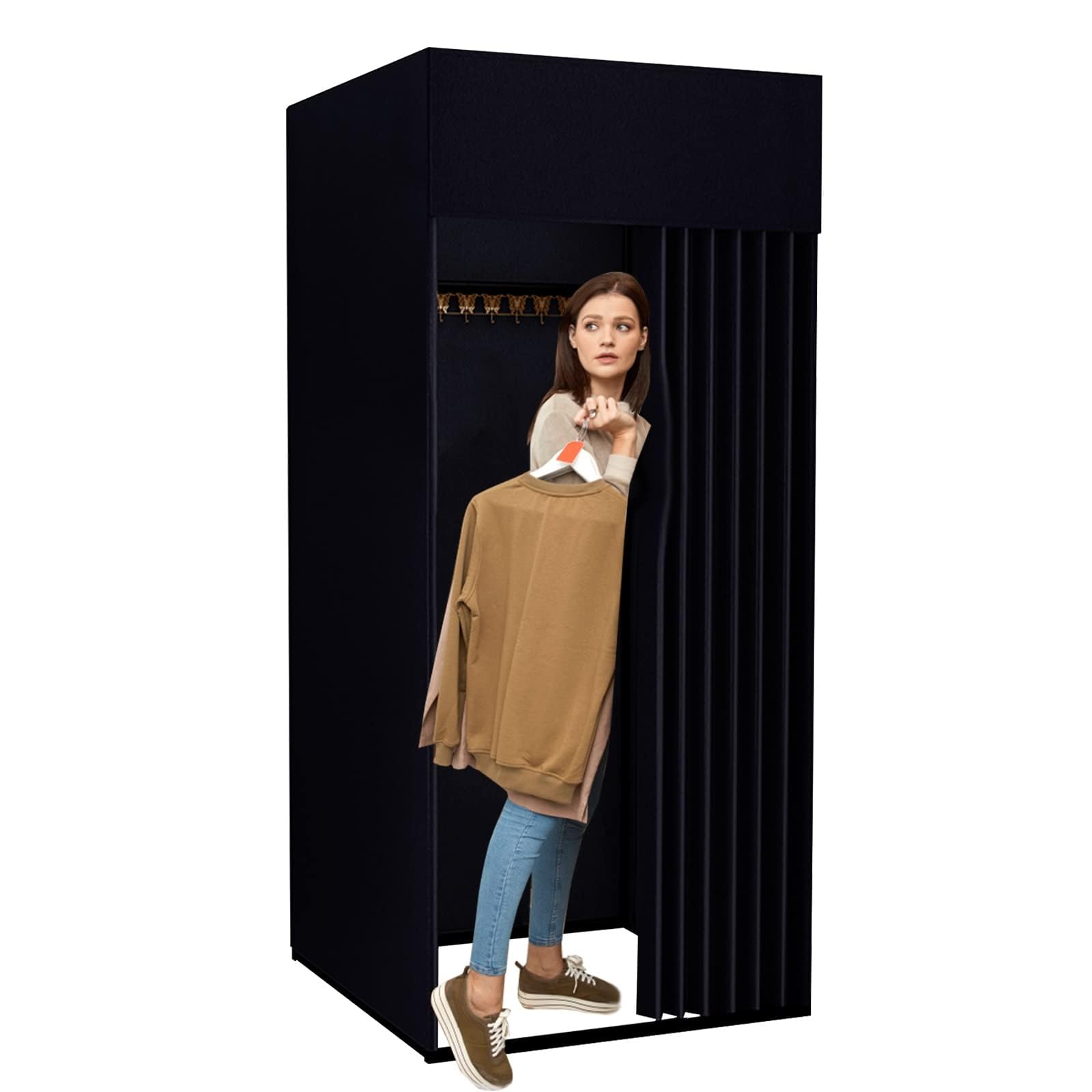 Clothing Store Fitting Room, Portable Dressing Room, Movable Changing Room for Boutique with Shading Fabric Cloth Privacy Curtains Screen for Bar Party Pool (Black)