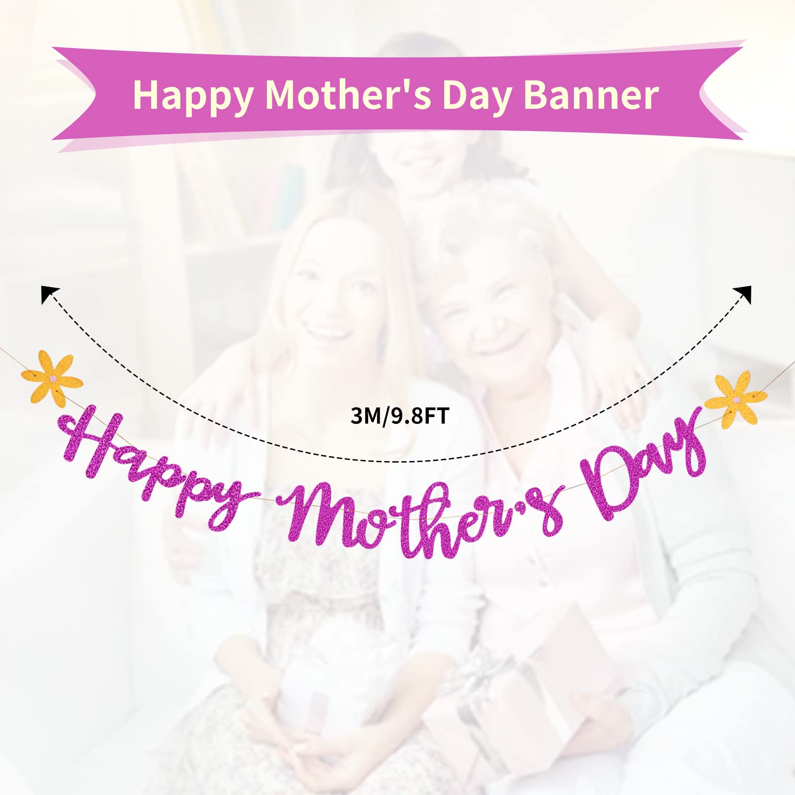 Happy Mother's Day Banner Set - Glitter Garland Backdrop For Mom's Birthday & Party Decorations - View #3