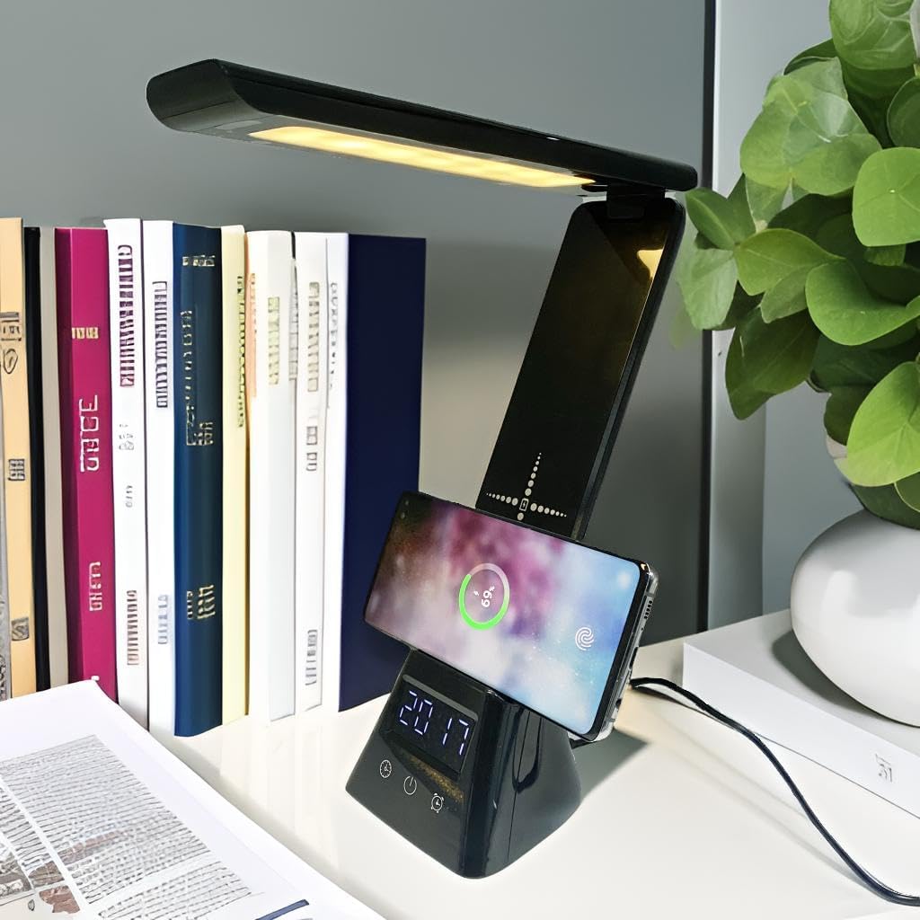 Generic eye-care desk lamp with smartphone charging function, can be used as a cell phone holder, touch switch, with electronic clock and alarm clock, three soft light, with USB charging cable, Black