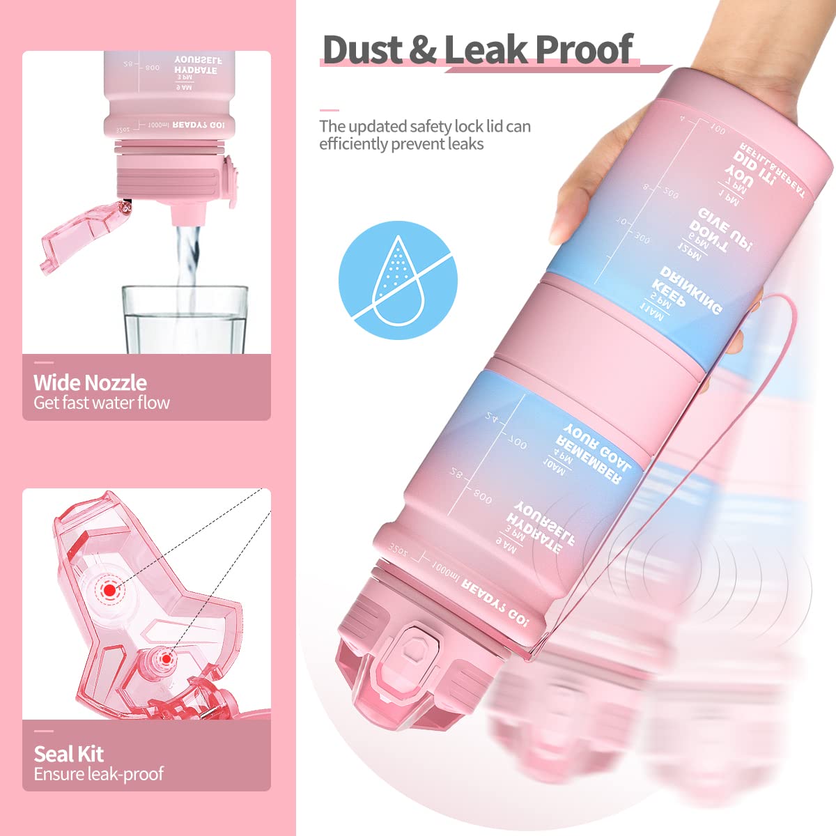 Borraccia 1 litro/500ml, Bottiglia d'acqua Motivazionale con Segni di Tempo, Borraccia Palestra A Prova di Perdita senza BPA Plastica per Bambini, Scuola, Ciclismo Sportiva, Sport