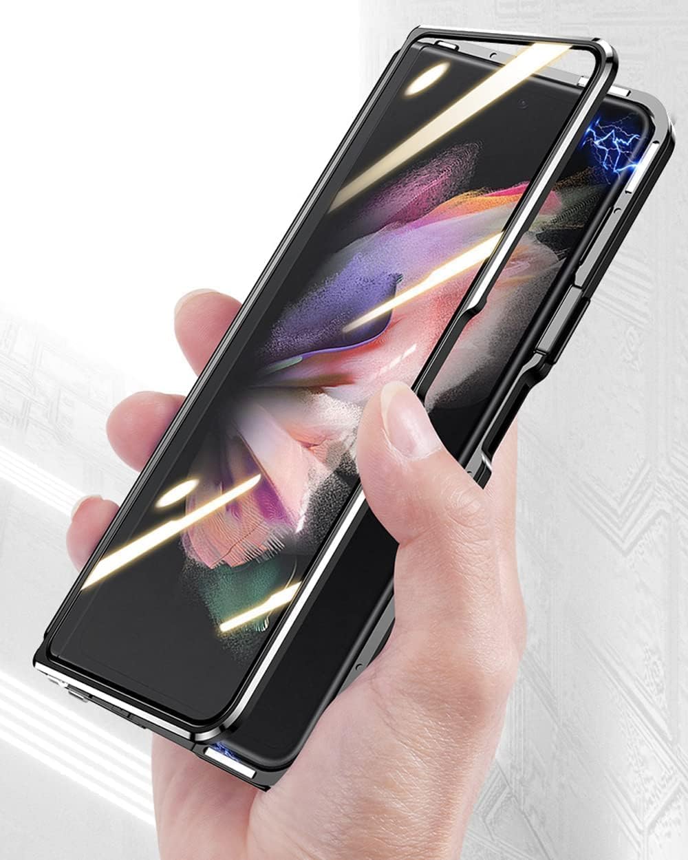 QUIETIP Case for Samsung Galaxy Z Fold 7,Magnetic Body Metal Frame Double Sided Clear Tempered Glass Cover with Camera Protection,Blue