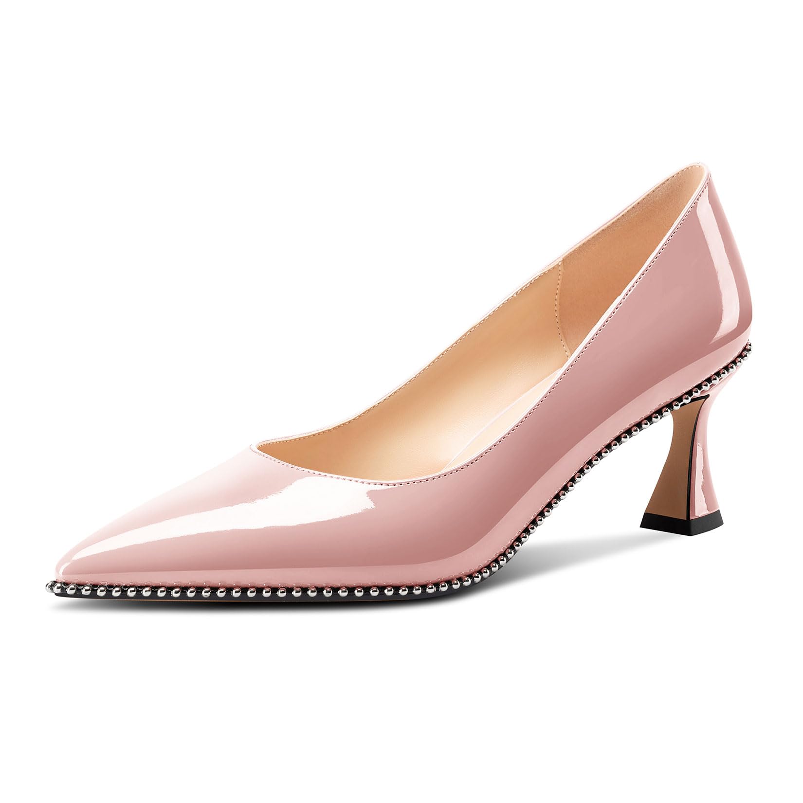 TNYNFBEB Womens Kitten Heel Pointed Toe Pumps Slip-on Sliver Beaded Prom Wedding Dress Basic Classic Patent Leather Summer 2.6 Inches Heels