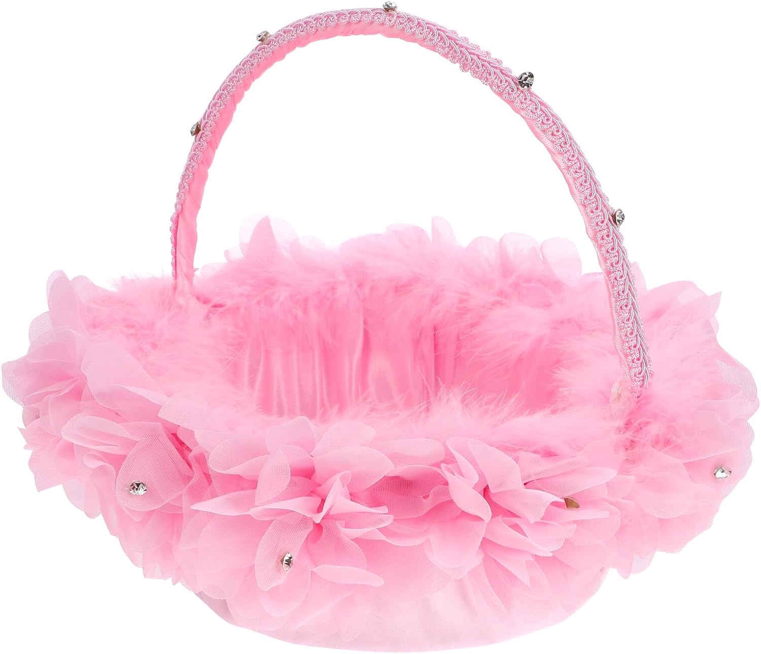 CHILDWEET Wedding Flower Basket for Flower with Pink Lace and Imitation Fur, Portable Bride Petals Basket for Western Style Ceremony and Wedding Party Supplies