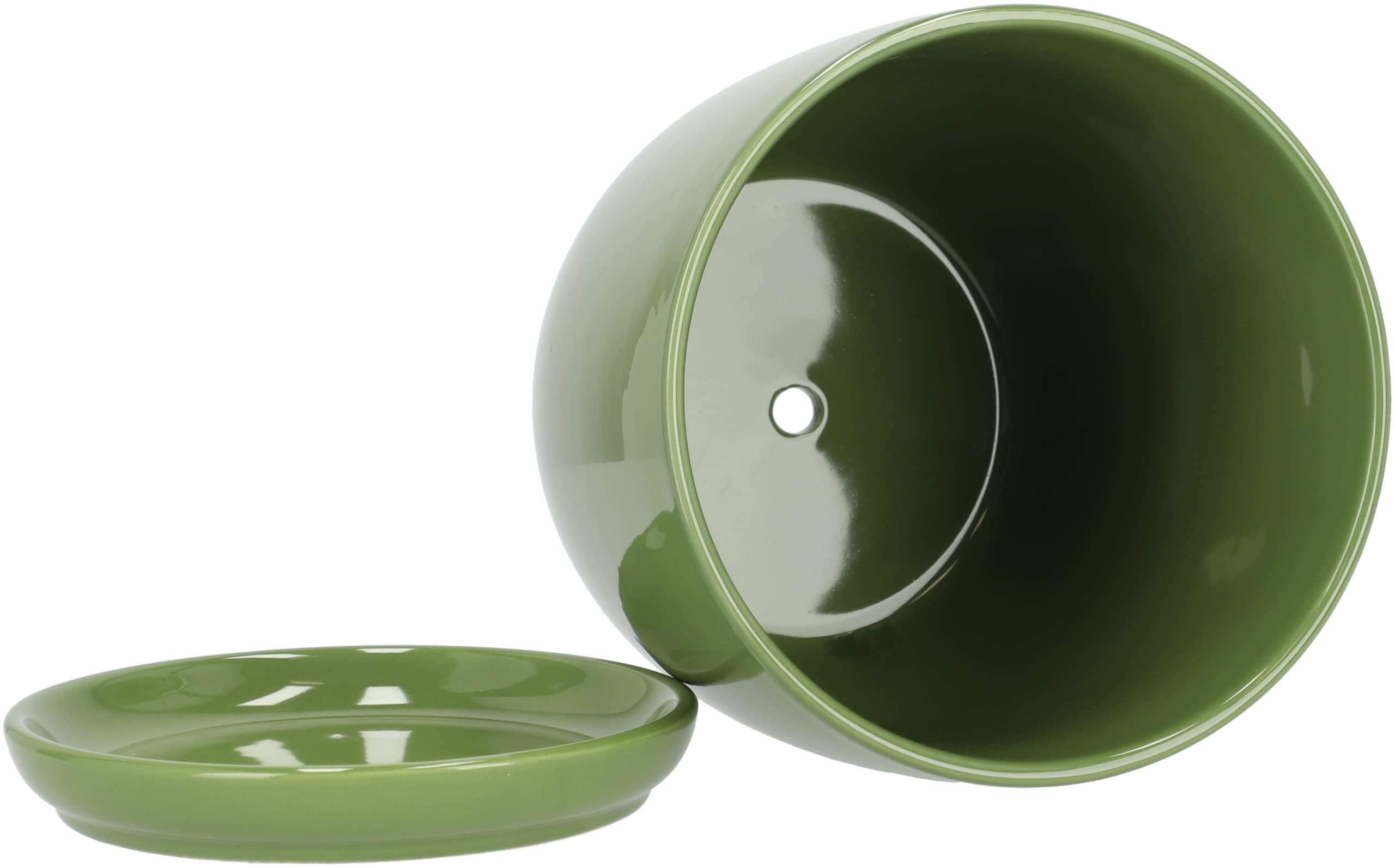 KOTARBAU® Macetero con Plato de Ceramica esmaltada, 20 cm, Maceta para Interiores y Exteriores, Tiesto Decorativo para Plantas, Verde, con Plato y Orificio de Drenaje