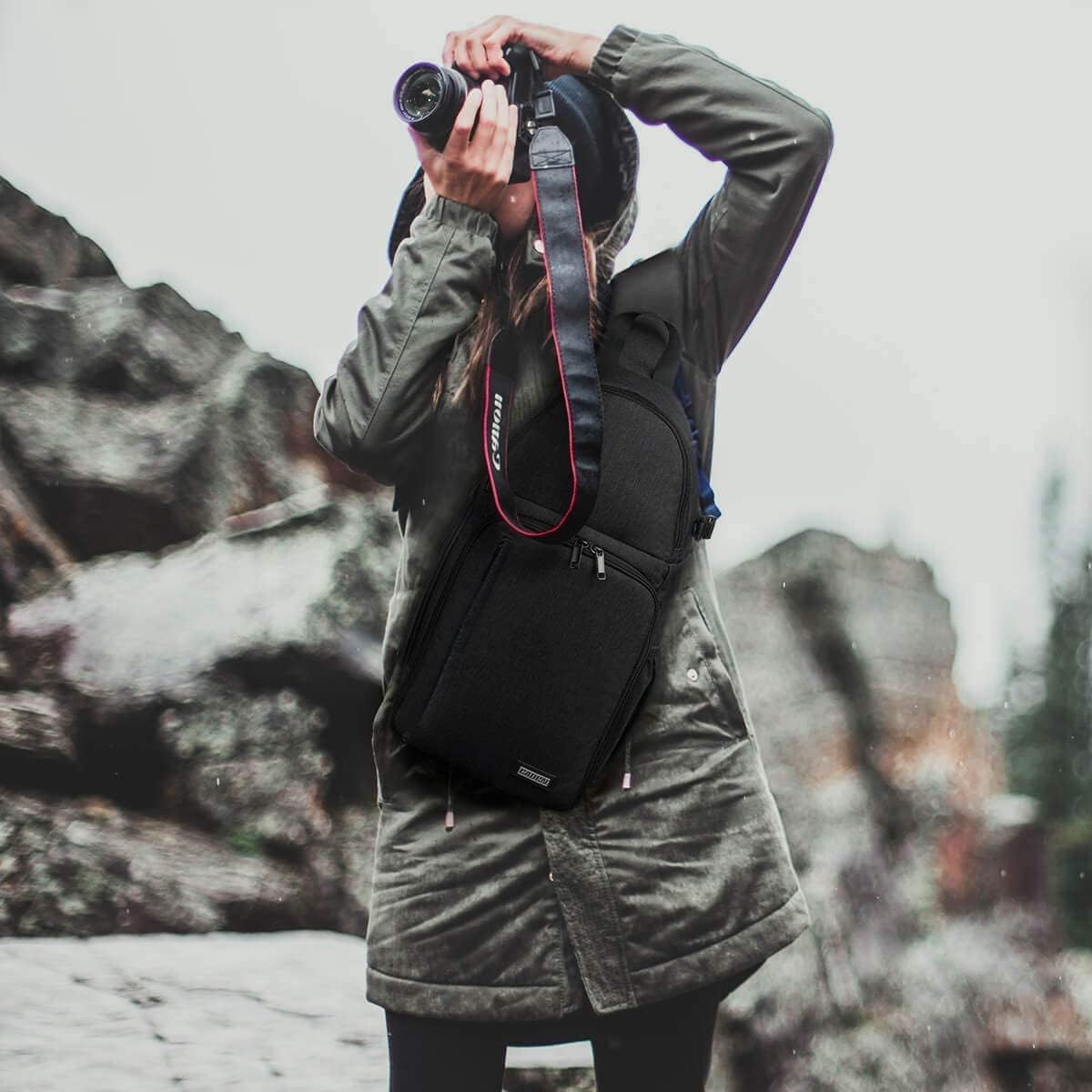 CADEN DSLR Camera Sling Bag Backpack Waterproof, Camera Case Sling Backpack with Tripod Holder, Side Access and Modular Inserts for Mirrorless Cameras Canon Nikon Sony Pentax