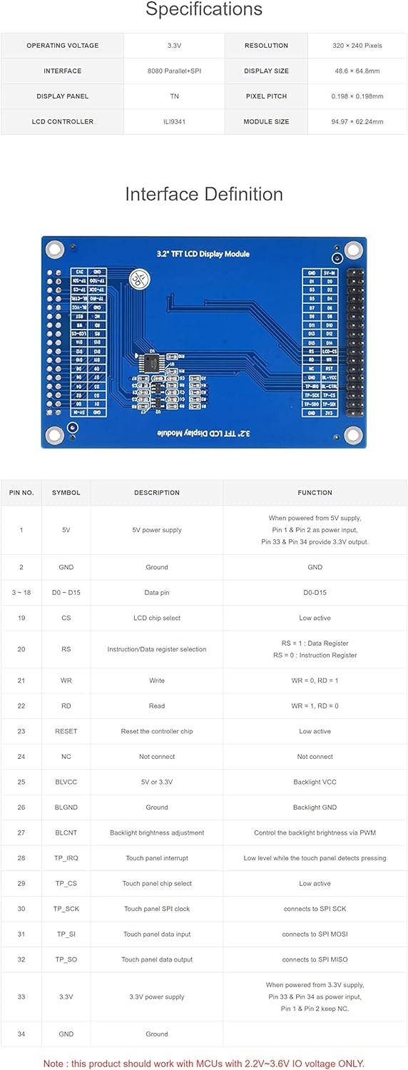 REES52 3.2 Inch 320x240 Multicolor Graphic LCD,Onboard Controller ILI9341,Touch Panel Controller XPT2046, with Touch Panel 4
