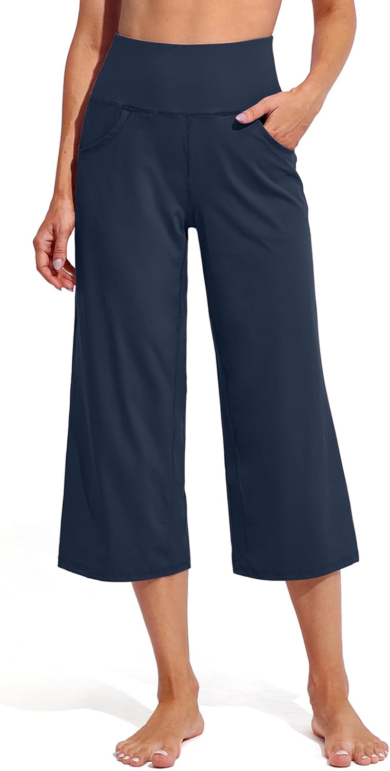 Promover Capri Pants for Women Wide Leg Yoga Cropped Pants with Pockets Loose Casual Summer Pant