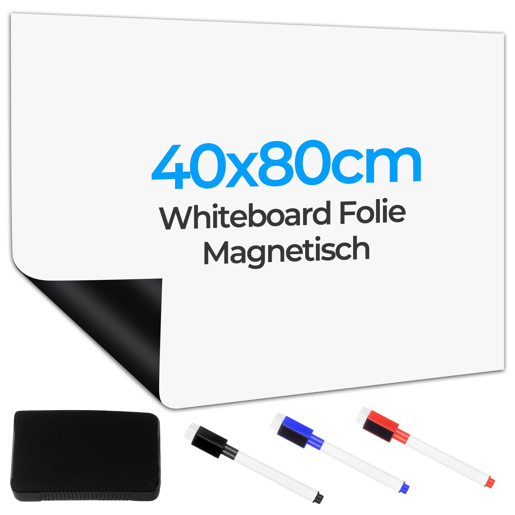 Tableau Magnetique Mural Autocollant, 40 x 80 cm Tableau Blanc Magnetique, tableaux magnétiques, feuille magnétique adhésive pour école, bureau et maison, avec 3 marqueurs white board et 1 effaceur