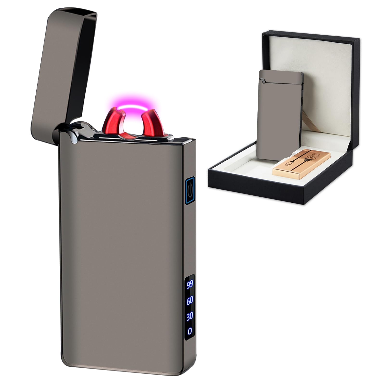 SKRFIRE Accendino elettrico antivento ricaricabile – Plasma Arc Design, ricarica USB, indicatore digitale della batteria, indispensabile per sopravvivenza, escursionismo e barbecue (nero lucido)